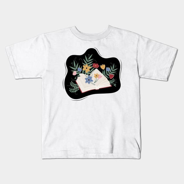 Open book with flowers Kids T-Shirt by ArtistryWhims